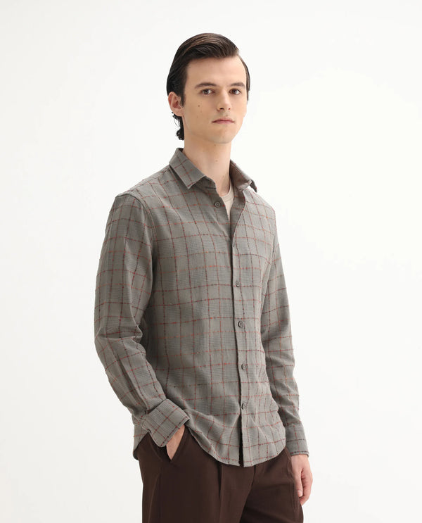 Rare Rabbit Men's Brule Grey Polyester Blend Fabric Full Sleeves Collared Neck Button Closure Checked Shirt