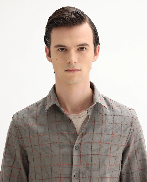 Rare Rabbit Men's Brule Grey Polyester Blend Fabric Full Sleeves Collared Neck Button Closure Checked Shirt