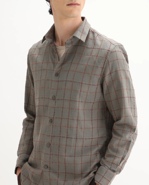 Rare Rabbit Men's Brule Grey Polyester Blend Fabric Full Sleeves Collared Neck Button Closure Checked Shirt