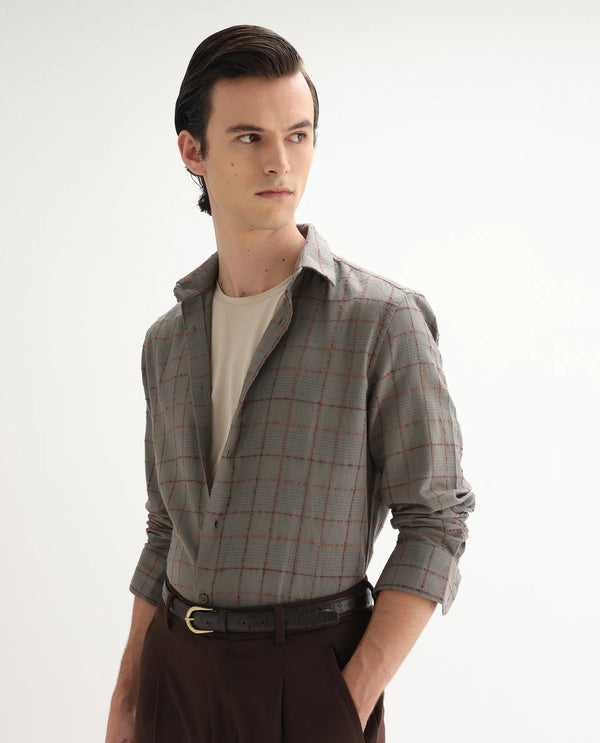 Rare Rabbit Men's Brule Grey Polyester Blend Fabric Full Sleeves Collared Neck Button Closure Checked Shirt