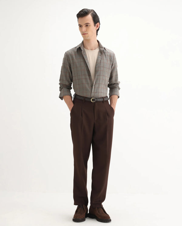 Rare Rabbit Men's Brule Grey Polyester Blend Fabric Full Sleeves Collared Neck Button Closure Checked Shirt