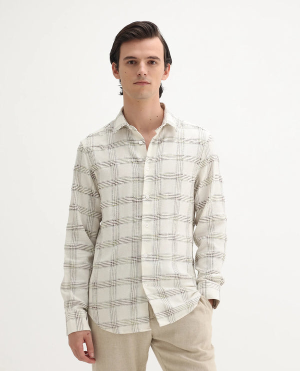Rare Rabbit Men's Brule White Polyester Blend Fabric Full Sleeves Collared Neck Button Closure Checked Shirt