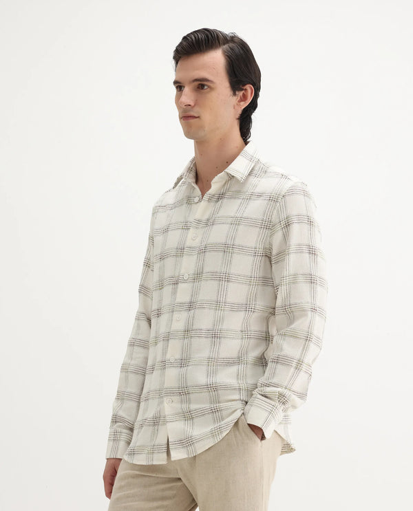 Rare Rabbit Men's Brule White Polyester Blend Fabric Full Sleeves Collared Neck Button Closure Checked Shirt