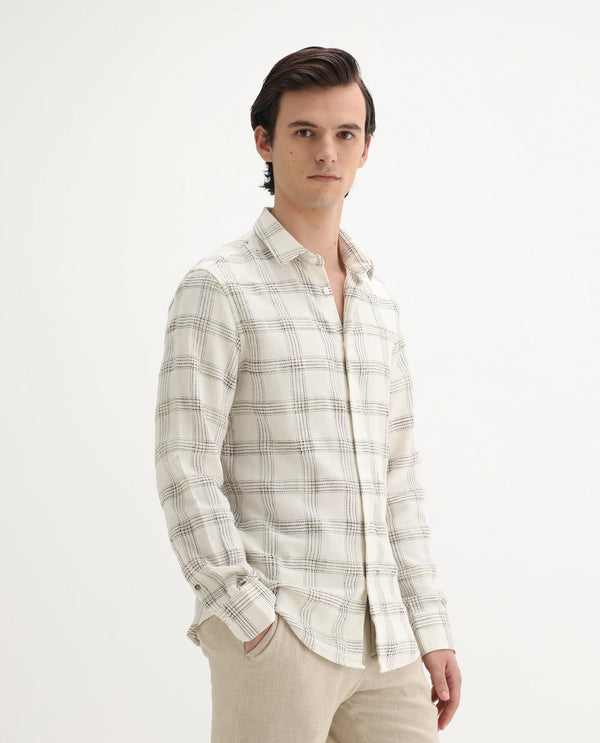 Rare Rabbit Men's Brule White Polyester Blend Fabric Full Sleeves Collared Neck Button Closure Checked Shirt