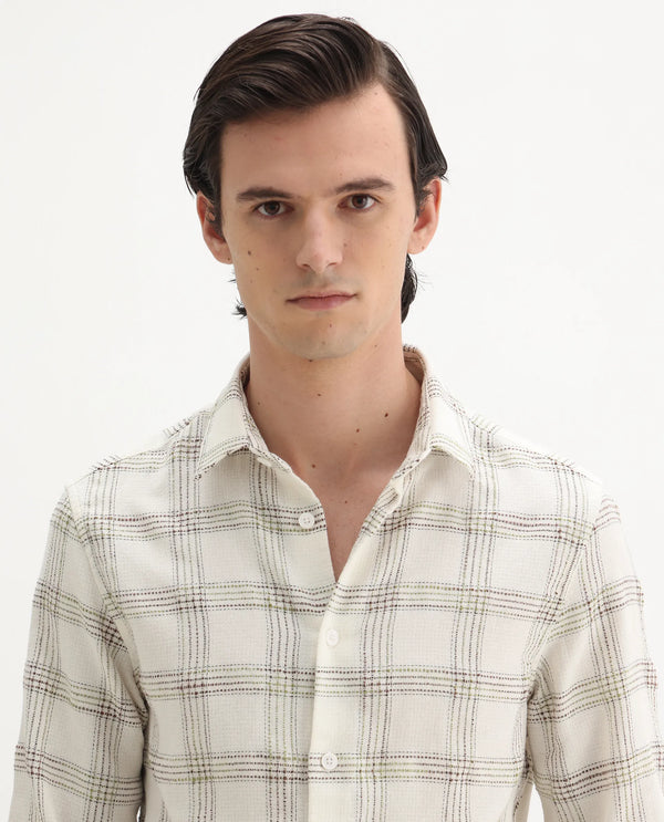 Rare Rabbit Men's Brule White Polyester Blend Fabric Full Sleeves Collared Neck Button Closure Checked Shirt