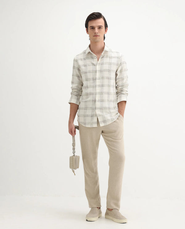 Rare Rabbit Men's Brule White Polyester Blend Fabric Full Sleeves Collared Neck Button Closure Checked Shirt
