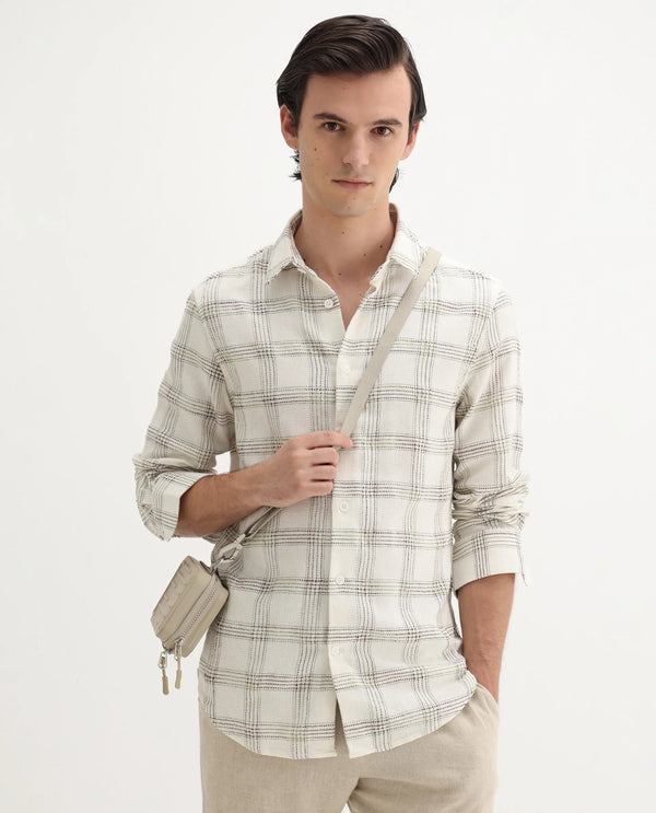 Rare Rabbit Men's Brule White Polyester Blend Fabric Full Sleeves Collared Neck Button Closure Checked Shirt