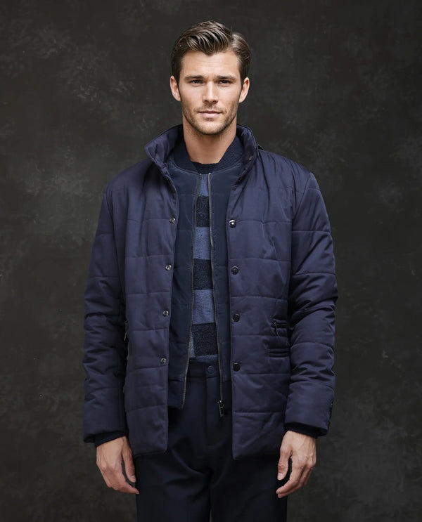 Rare Rabbit Men Brunel Navy Polyester Fabric Full Sleeve High Neck Button And Zip Closure Plain Jacket