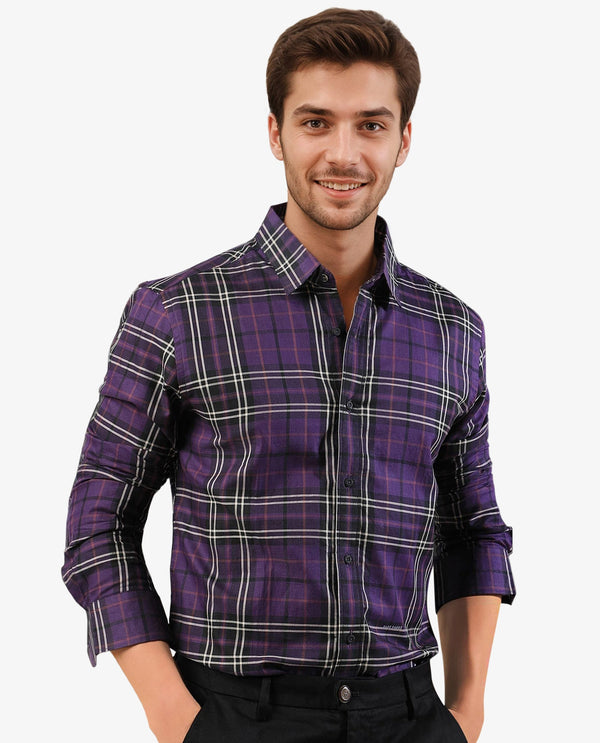 Rare Rabbit Men's Brutons Purple Cotton Fabric Full Sleeves Twill Checks Shirt