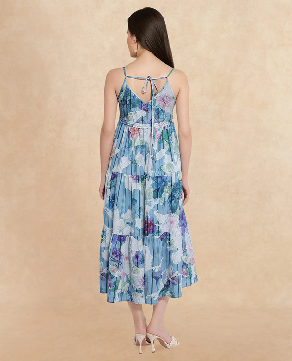 Rareism Women Btewart Blue Shoulder Straps Shoulder Straps Zipper Closure Fit And Flare Floral Print Midi Dress