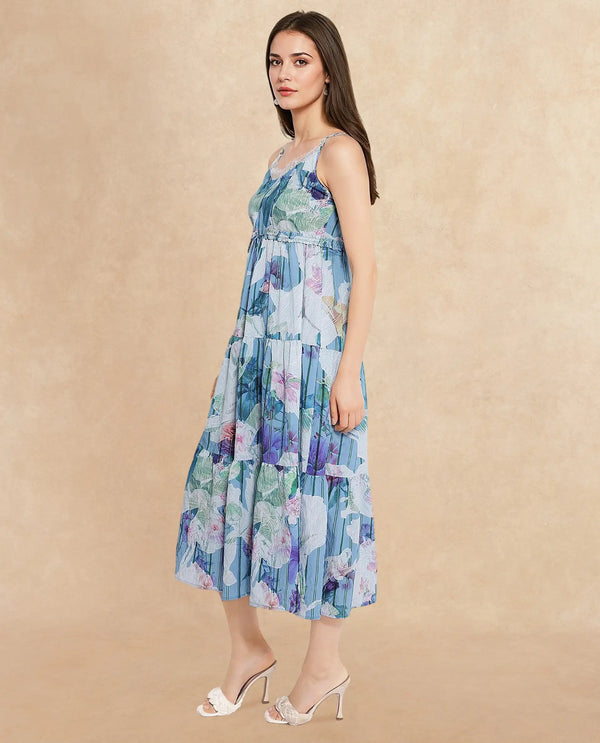 Rareism Women Btewart Blue Shoulder Straps Shoulder Straps Zipper Closure Fit And Flare Floral Print Midi Dress