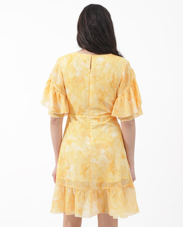 Rareism Women's Buckley Yellow Polyester Fabric Overlap Neck Zipper Closure Raglan Sleeve Floral Print Fit And Flare Knee Length Dress
