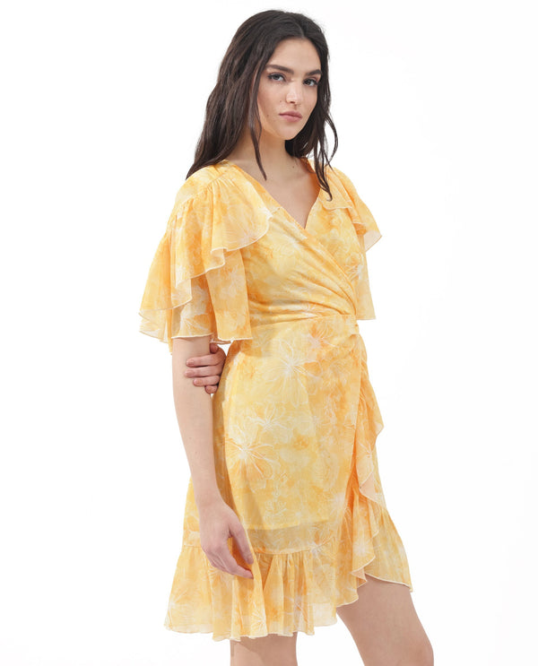 Rareism Women's Buckley Yellow Polyester Fabric Overlap Neck Zipper Closure Raglan Sleeve Floral Print Fit And Flare Knee Length Dress