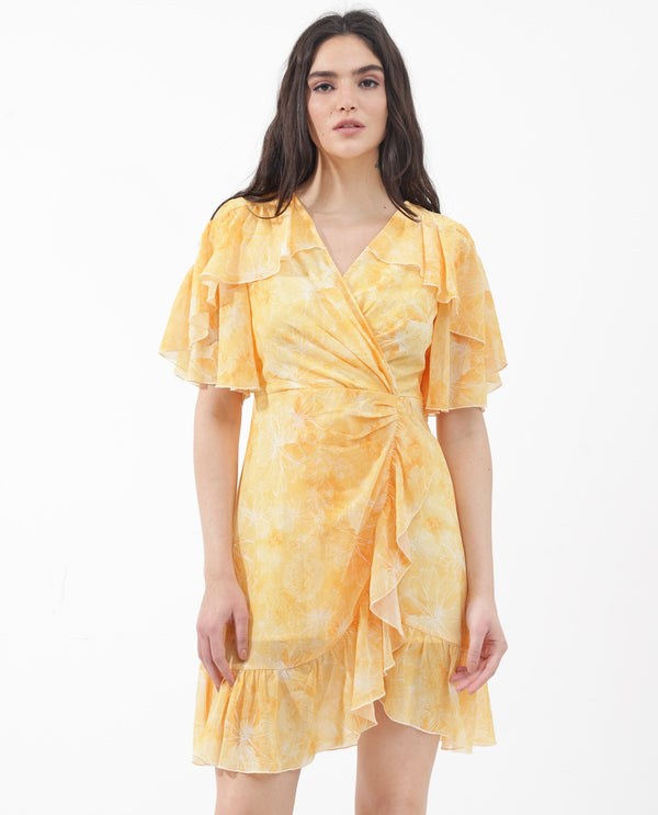 Rareism Women's Buckley Yellow Polyester Fabric Overlap Neck Zipper Closure Raglan Sleeve Floral Print Fit And Flare Knee Length Dress