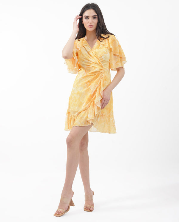 Rareism Women's Buckley Yellow Polyester Fabric Overlap Neck Zipper Closure Raglan Sleeve Floral Print Fit And Flare Knee Length Dress