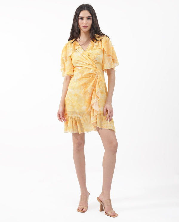 Rareism Women's Buckley Yellow Polyester Fabric Overlap Neck Zipper Closure Raglan Sleeve Floral Print Fit And Flare Knee Length Dress