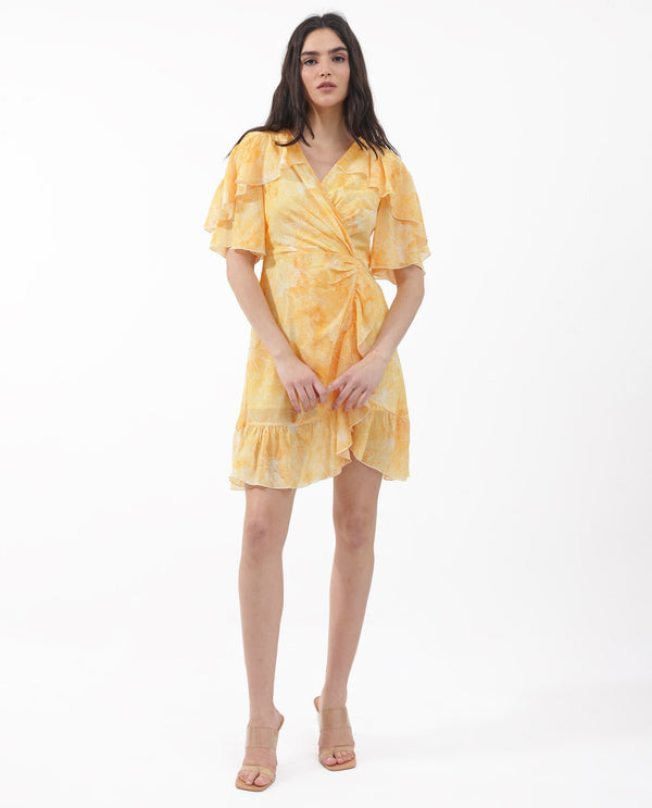 Rareism Women's Buckley Yellow Polyester Fabric Overlap Neck Zipper Closure Raglan Sleeve Floral Print Fit And Flare Knee Length Dress