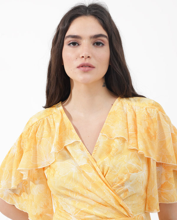 Rareism Women's Buckley Yellow Polyester Fabric Overlap Neck Zipper Closure Raglan Sleeve Floral Print Fit And Flare Knee Length Dress