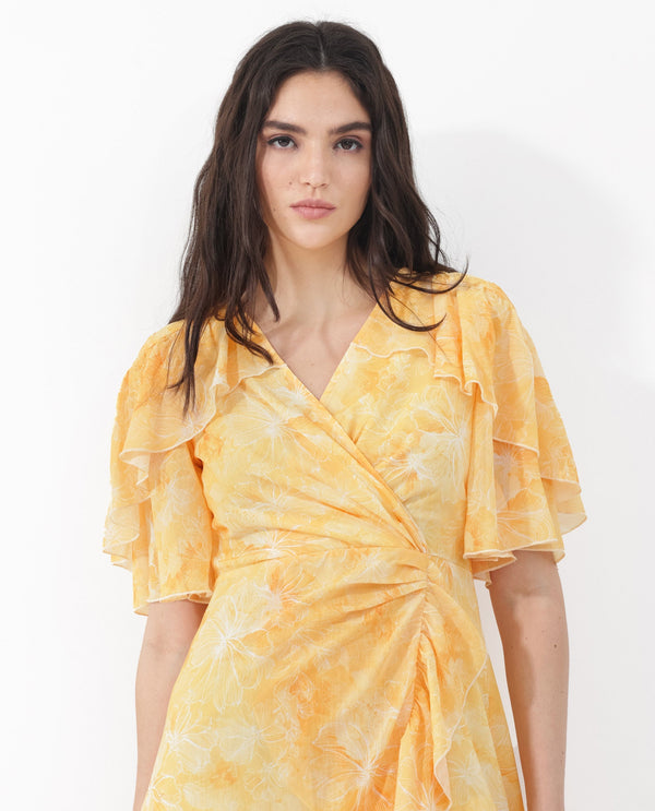 Rareism Women's Buckley Yellow Polyester Fabric Overlap Neck Zipper Closure Raglan Sleeve Floral Print Fit And Flare Knee Length Dress