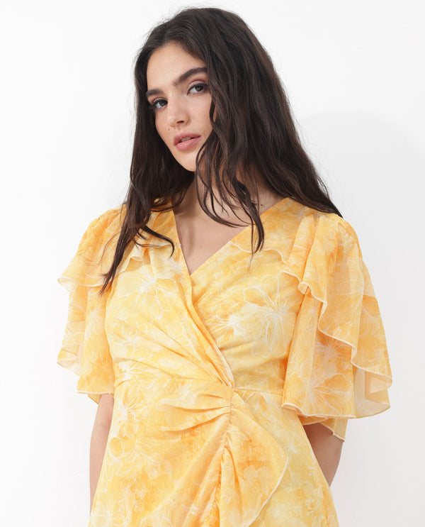 Rareism Women's Buckley Yellow Polyester Fabric Overlap Neck Zipper Closure Raglan Sleeve Floral Print Fit And Flare Knee Length Dress
