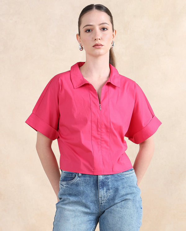 Rareism Women Buener Pink Cotton Blend Fabric Extended Sleeves Collared Neck Zipper Closure Boxy Fit Cropped Plain Top