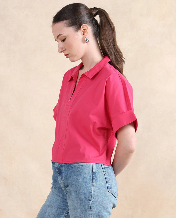 Rareism Women Buener Pink Cotton Blend Fabric Extended Sleeves Collared Neck Zipper Closure Boxy Fit Cropped Plain Top