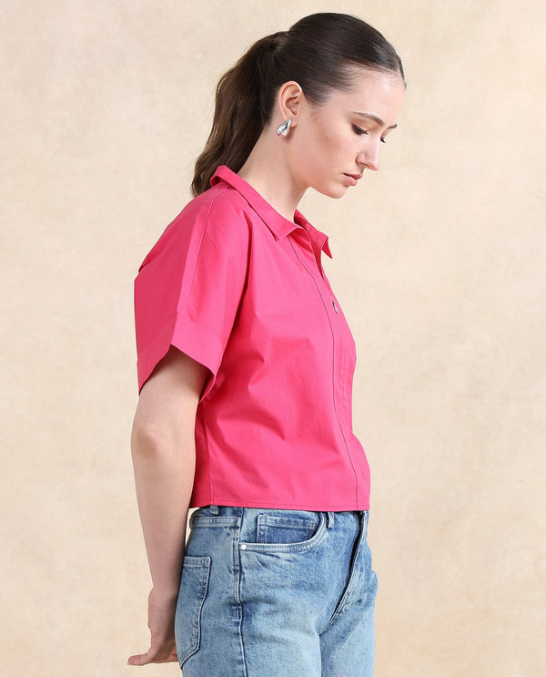 Rareism Women Buener Pink Cotton Blend Fabric Extended Sleeves Collared Neck Zipper Closure Boxy Fit Cropped Plain Top