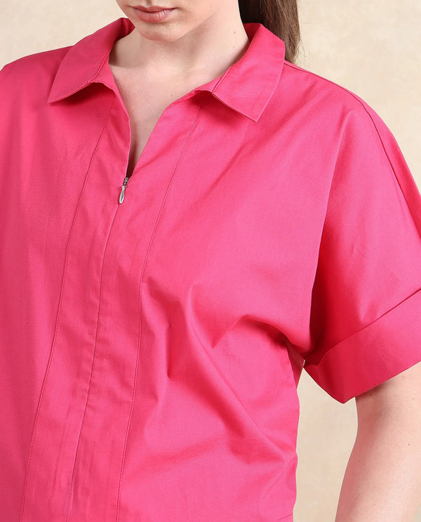 Rareism Women Buener Pink Cotton Blend Fabric Extended Sleeves Collared Neck Zipper Closure Boxy Fit Cropped Plain Top