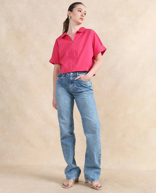 Rareism Women Buener Pink Cotton Blend Fabric Extended Sleeves Collared Neck Zipper Closure Boxy Fit Cropped Plain Top