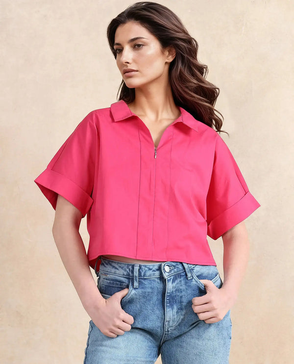 Rareism Women Buener Pink Cotton Blend Fabric Extended Sleeves Collared Neck Zipper Closure Boxy Fit Cropped Plain Top