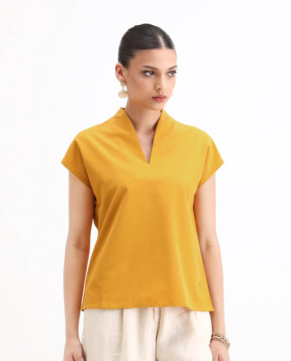 Rareism Women Buijit Yellow V-Neck Extended Sleeve Plain Top