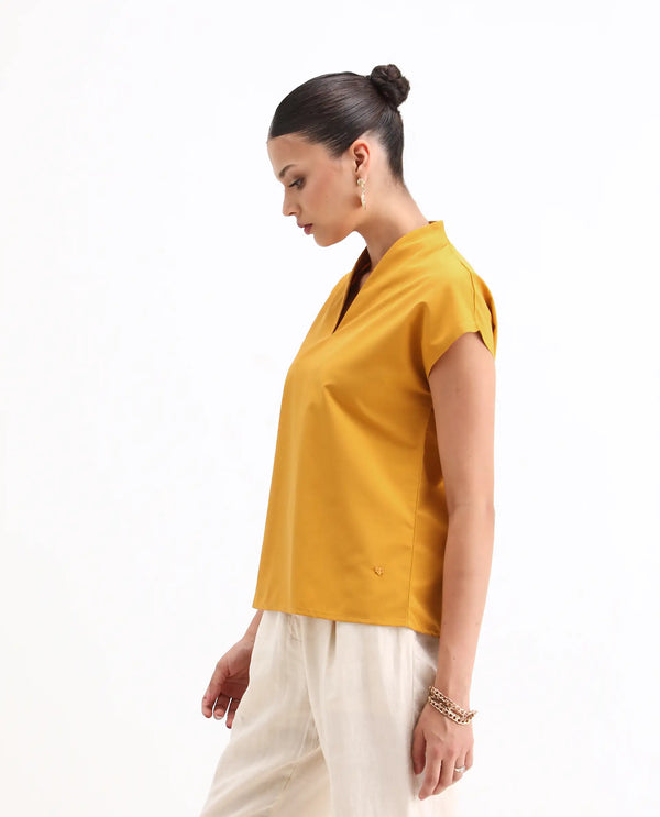 Rareism Women Buijit Yellow V-Neck Extended Sleeve Plain Top