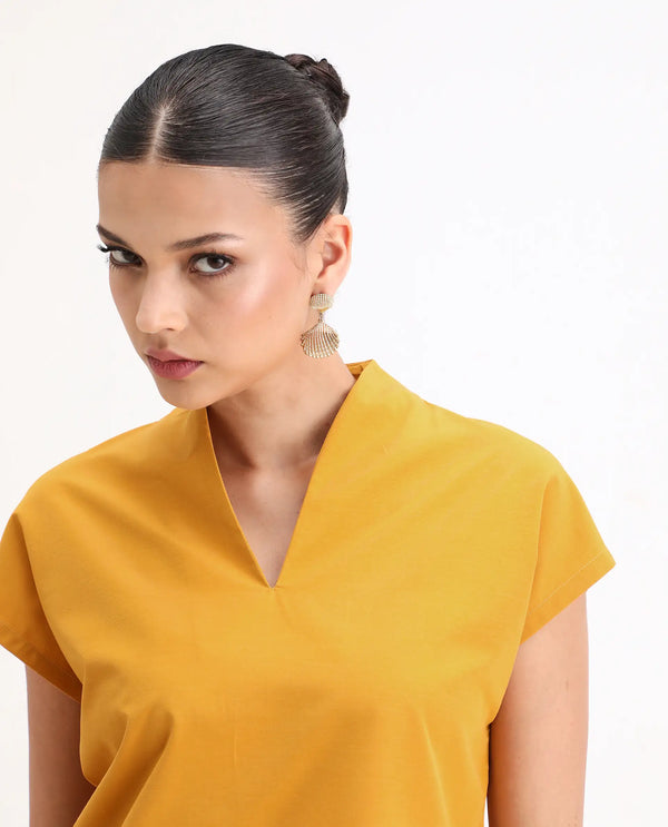 Rareism Women Buijit Yellow V-Neck Extended Sleeve Plain Top