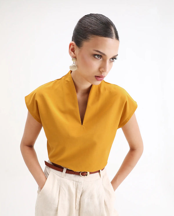 Rareism Women Buijit Yellow V-Neck Extended Sleeve Plain Top