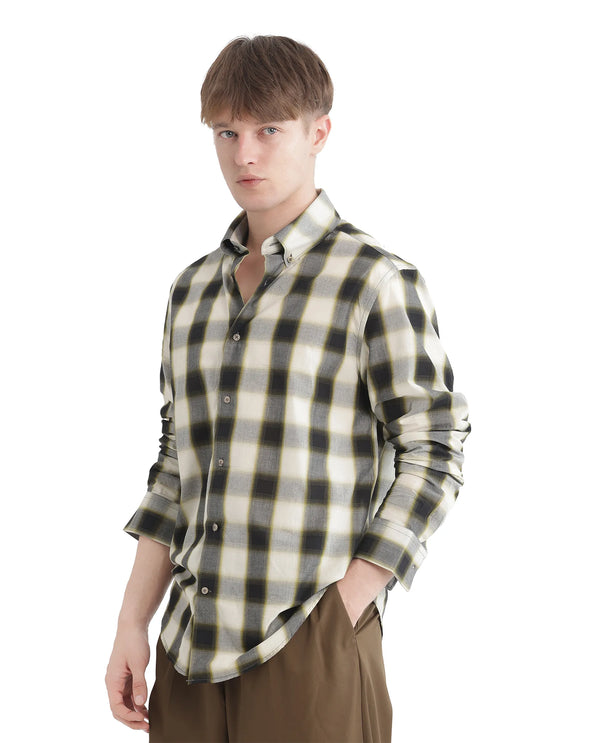 Rare Rabbit Men's Bung Green Cotton Fabric Regular Fit Graphic Backprint Regular Collar Checks Shirt