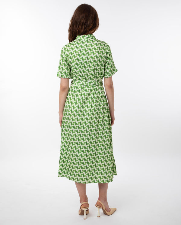 Rareism Women Bunt Green Cotton Fabric Short Sleeves Button Closure Shirt Collar Regular Fit Geometric Print Knee Length Shirt Type Dress