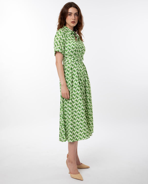Rareism Women Bunt Green Cotton Fabric Short Sleeves Button Closure Shirt Collar Regular Fit Geometric Print Knee Length Shirt Type Dress