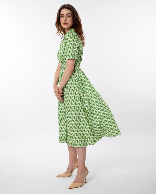 Rareism Women Bunt Green Cotton Fabric Short Sleeves Button Closure Shirt Collar Regular Fit Geometric Print Knee Length Shirt Type Dress