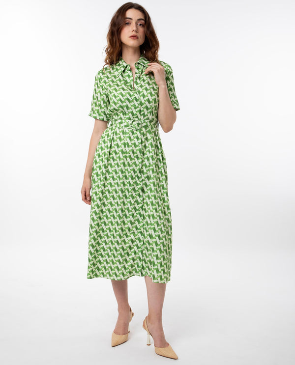 Rareism Women Bunt Green Cotton Fabric Short Sleeves Button Closure Shirt Collar Regular Fit Geometric Print Knee Length Shirt Type Dress