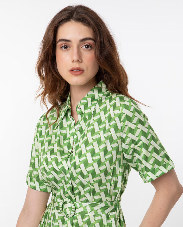 Rareism Women Bunt Green Cotton Fabric Short Sleeves Button Closure Shirt Collar Regular Fit Geometric Print Knee Length Shirt Type Dress