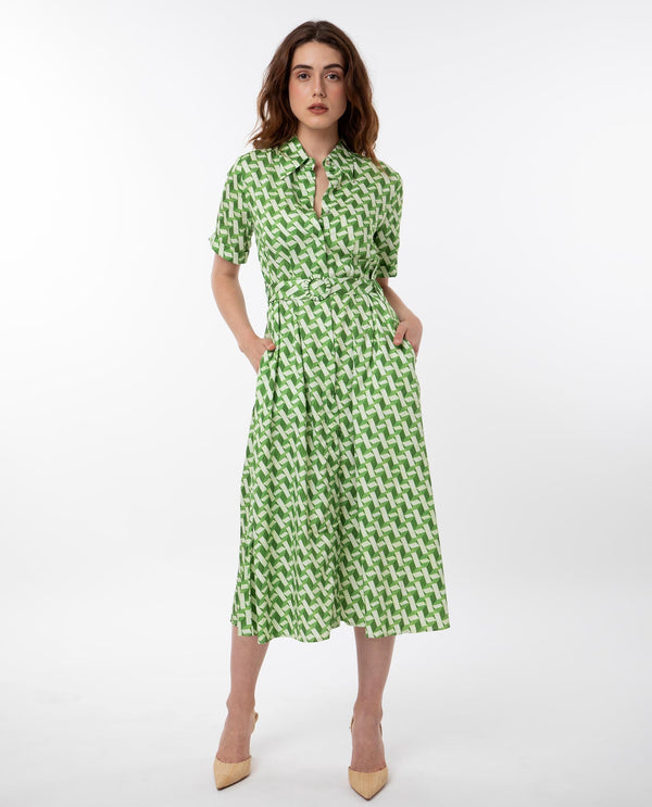 Rareism Women Bunt Green Cotton Fabric Short Sleeves Button Closure Shirt Collar Regular Fit Geometric Print Knee Length Shirt Type Dress