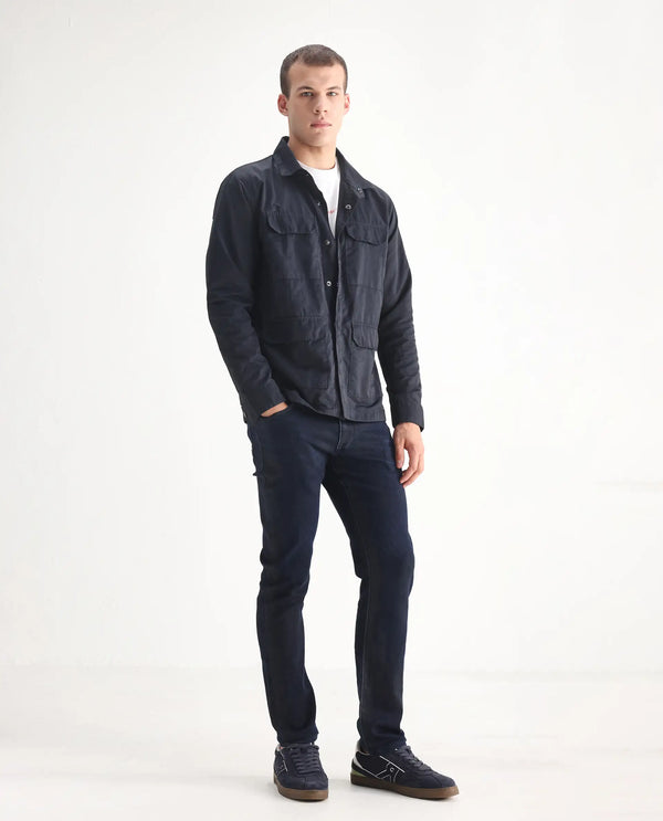 Rare Rabbit Men Burd Blue Cotton Polyester Fabric Slim Fit Dark Wash Plain Denim Pant