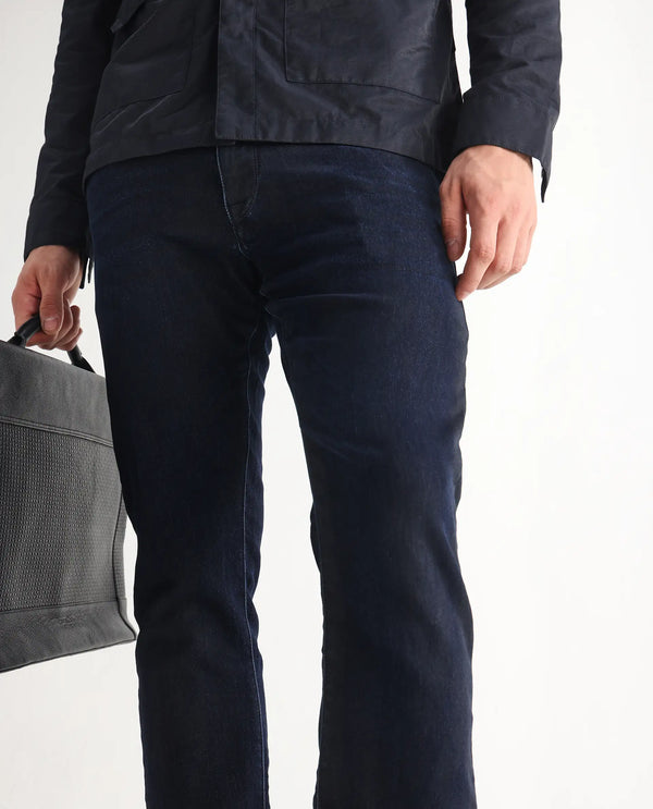 Rare Rabbit Men Burd Blue Cotton Polyester Fabric Slim Fit Dark Wash Plain Denim Pant