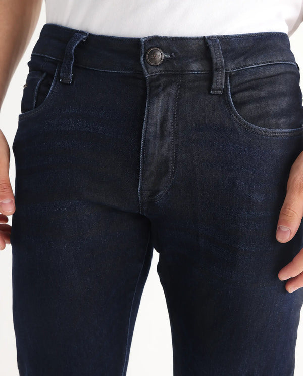 Rare Rabbit Men Burd Blue Cotton Polyester Fabric Slim Fit Dark Wash Plain Denim Pant