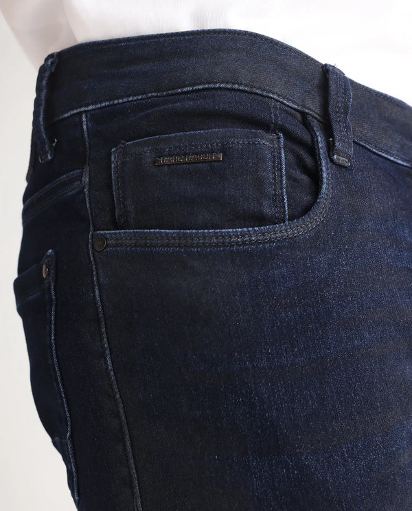 Rare Rabbit Men Burd Blue Cotton Polyester Fabric Slim Fit Dark Wash Plain Denim Pant