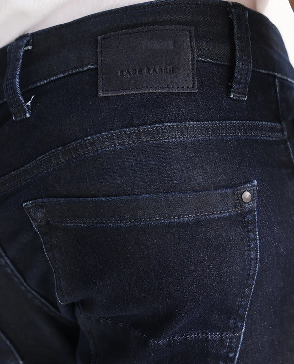 Rare Rabbit Men Burd Blue Cotton Polyester Fabric Slim Fit Dark Wash Plain Denim Pant