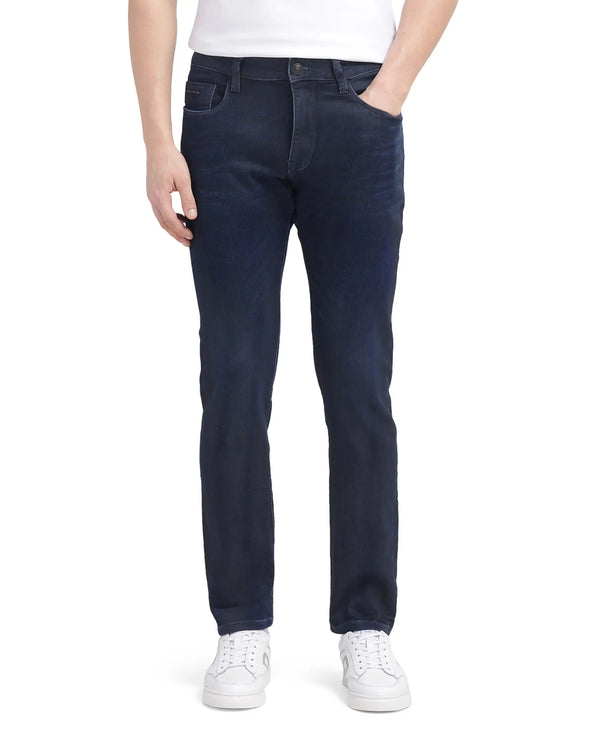 Rare Rabbit Men Burd Blue Cotton Polyester Fabric Slim Fit Dark Wash Plain Denim Pant