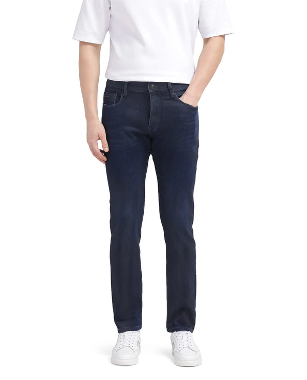 Rare Rabbit Men Burd Blue Cotton Polyester Fabric Slim Fit Dark Wash Plain Denim Pant