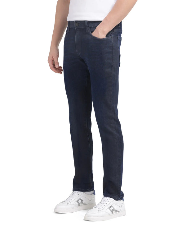 Rare Rabbit Men Burd Blue Cotton Polyester Fabric Slim Fit Dark Wash Plain Denim Pant
