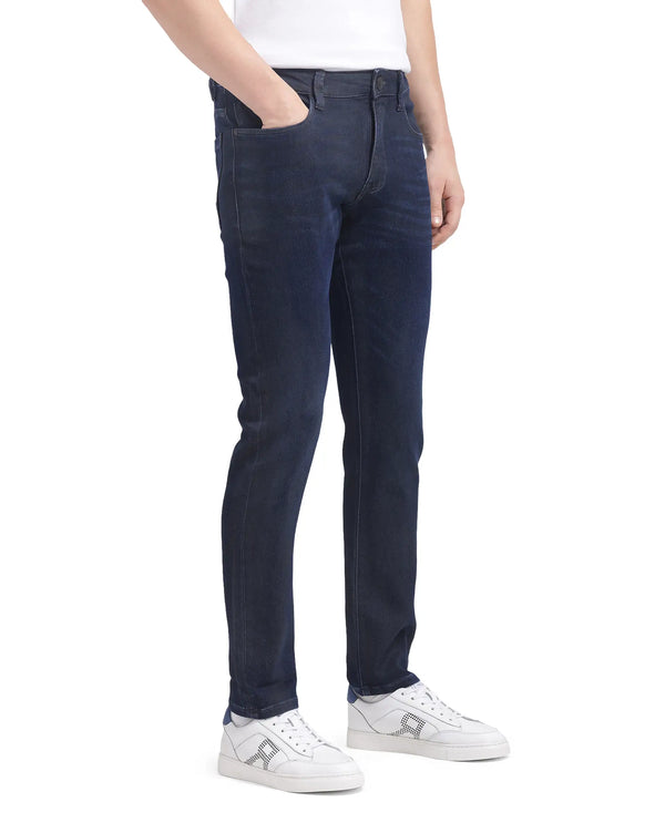 Rare Rabbit Men Burd Blue Cotton Polyester Fabric Slim Fit Dark Wash Plain Denim Pant